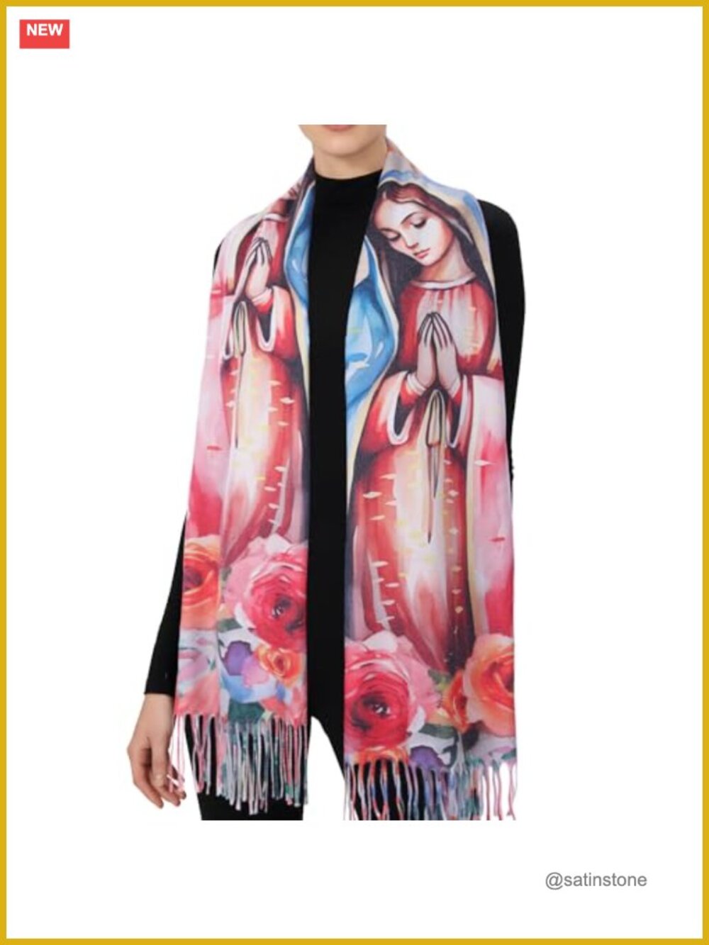Guadalupe Prayer Shawl Catholic Scarf Wrap Faux Cashmere Pashmina Tassels